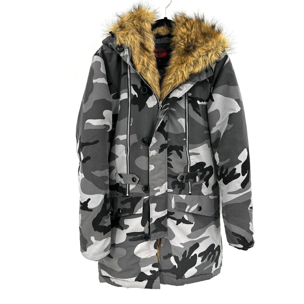 REELISTIK Men's Gray Camo Removable Faux Fur Lined Heavy Jacket Coat Size Small